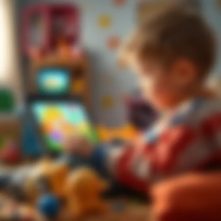 A child attentively watching bright and cheerful cartoons on a tablet, surrounded by toys and snacks, illustrating the trend of kid-friendly content.