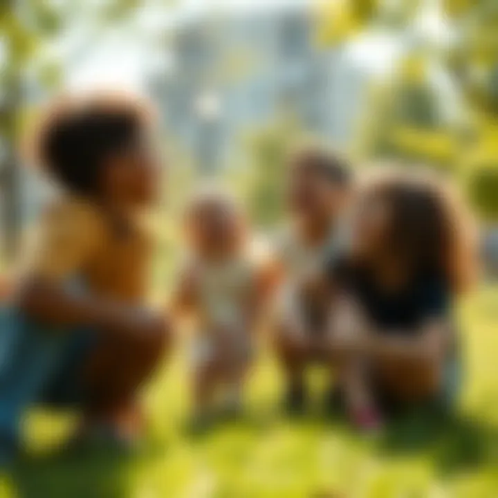 A group of friends laughing and playing in a sunny park, reminiscent of carefree childhood days.