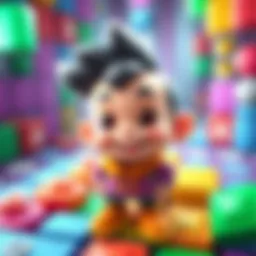 A colorful and playful character design for a tile-matching game, showing a cheerful figure with exaggerated features, surrounded by vibrant game tiles.