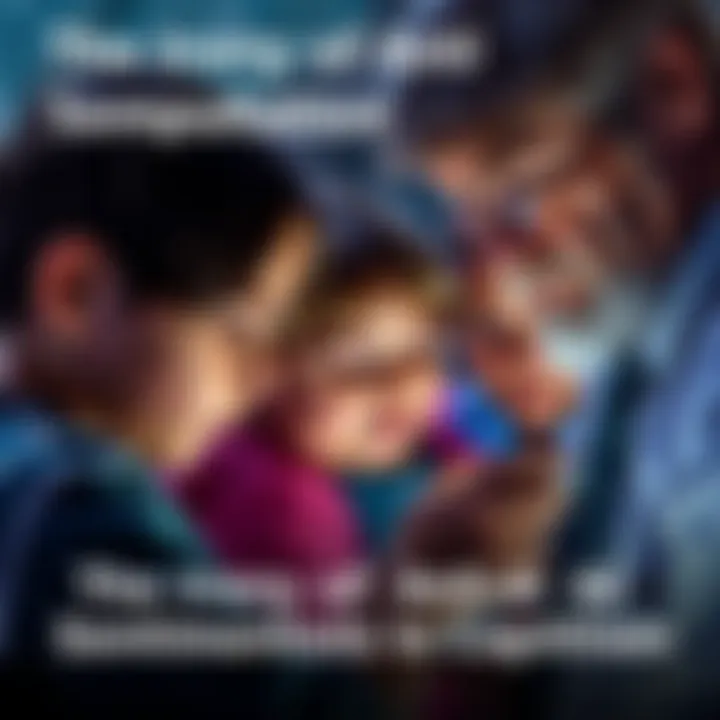 A group of children looking at a smartphone while a wealthy adult watches them, representing the influence of billionaires on youth in a digital age.
