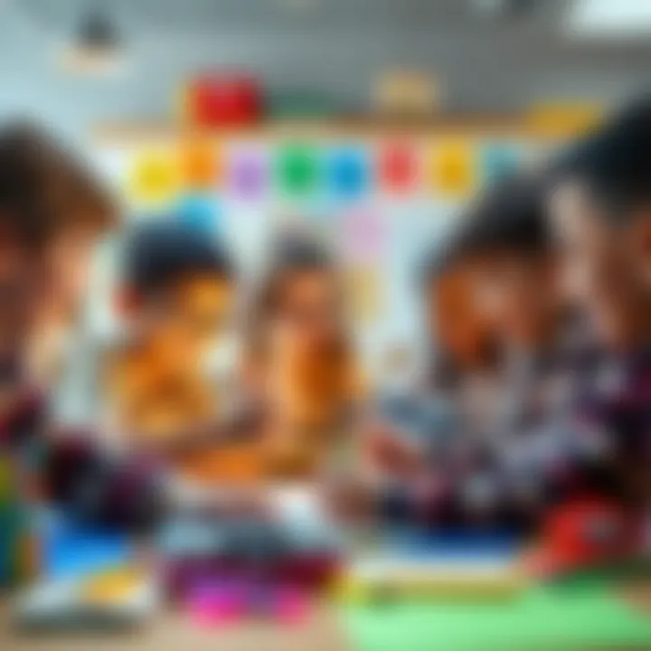 A group of kids joyfully participating in an interactive classroom activity, surrounded by colorful educational materials, showcasing their excitement for learning in a future influenced by AGI.