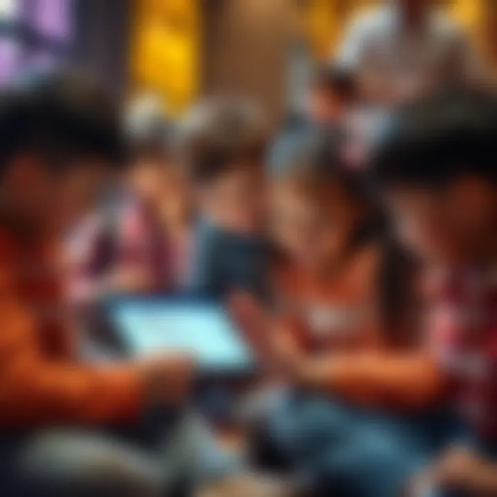 A group of children sitting together, interacting with a tablet displaying ChatGPT, engaged in a fun learning activity.