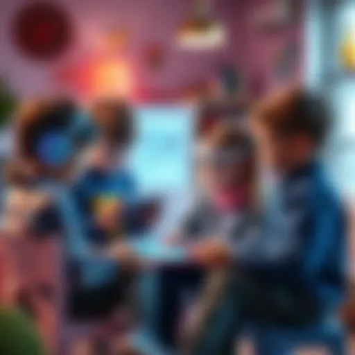 A group of kids exploring an educational AI tool on tablets, discussing its features while sitting in a playful environment.
