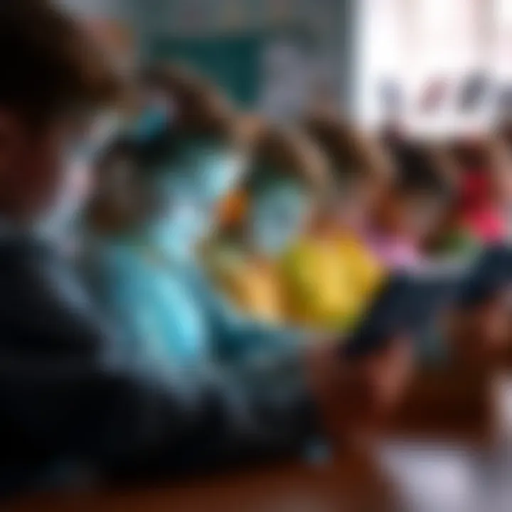 A group of children engaged with tablets and laptops during a learning session, showcasing the integration of technology in education
