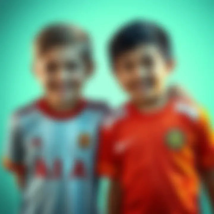 Two kids smiling while wearing various soccer jerseys, showcasing realistic outfit changes through AI editing