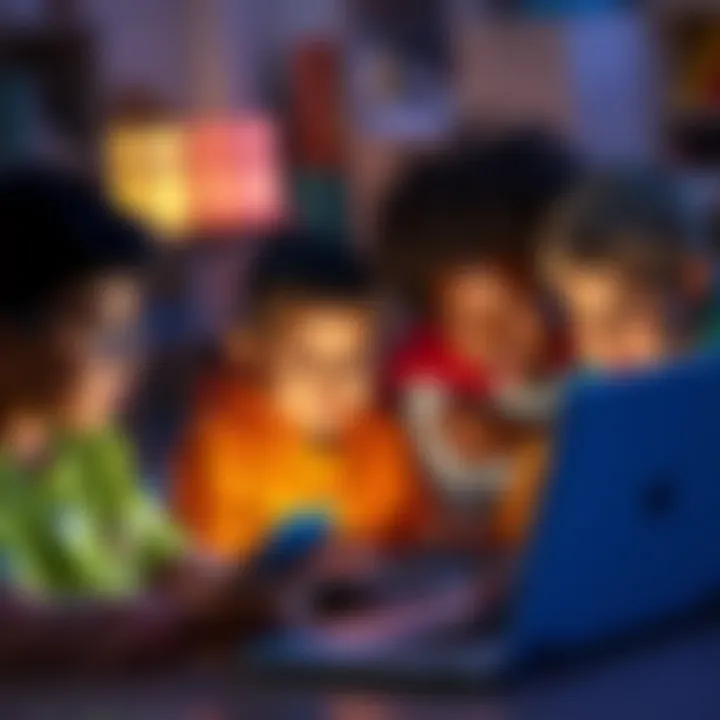 Children Accessing Internet A group of diverse children using laptops and tablets, exploring educational websites focused on childrenโs content.