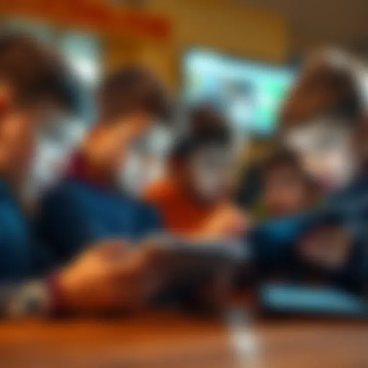 A group of children engaged with tablets, looking puzzled and discussing their learning experience, with one child pointing at a screen displaying text and images.