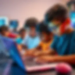 A group of Latin American children engaging with laptops, experimenting with various AI tools and creativity software, showcasing their acceptance and excitement about technology.