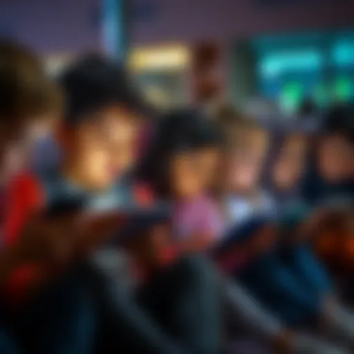 A group of children sitting together, looking at their smartphones instead of books, with a look of concentration on their faces.