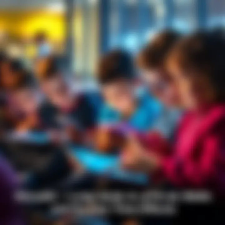 Group of kids sitting together, looking at tablets and smartphones, showing focused expressions as they interact with screens.