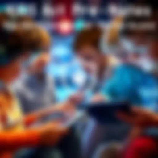 A group of children engaged with tablets, showing a protective shield symbol as a representation of online safety measures.
