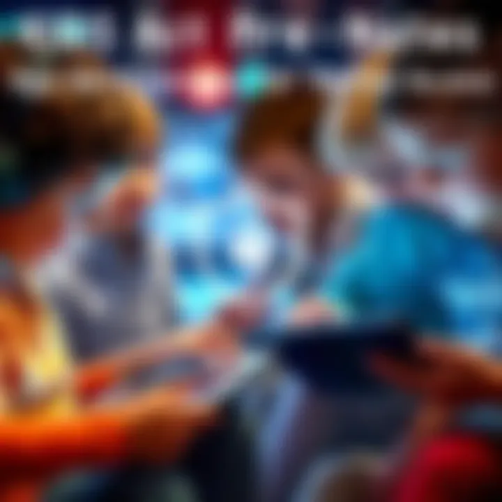 A group of children engaged with tablets, showing a protective shield symbol as a representation of online safety measures.