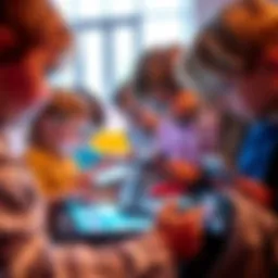 A group of children engaged with tablets and smartphones, exploring different apps and games in a bright room.