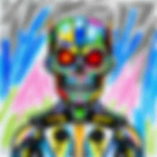 A colorful child's drawing depicting a robot with a background inspired by the Terminator movie, showcasing a unique child-like style.