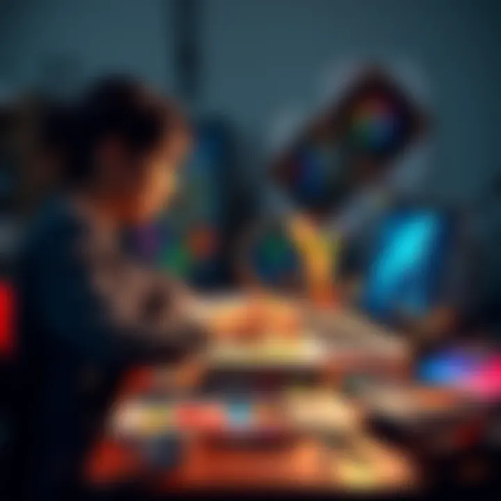A calm artist at a table, creating artwork with the help of AI technology on a laptop, surrounded by colorful paints and brushes