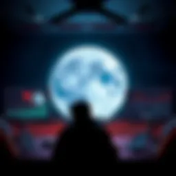 A representation of scientists using AI technology to study the moon's far side, highlighting its chemical composition with graphics of the moon and data analysis screens.