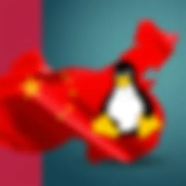 A graphic showing China's flag alongside the Linux logo, symbolizing the shift from Windows to open-source software.