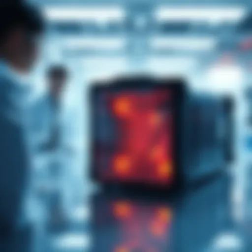 A new lithium battery designed in China that can power electric vehicles for over 600 miles, displayed in a lab setting with scientists observing it.