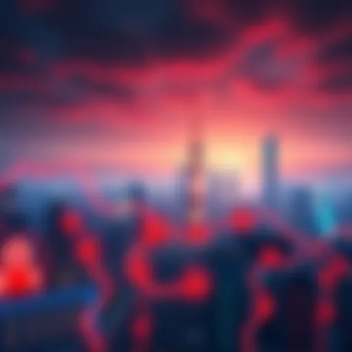 A futuristic city skyline with data streams and AI symbols, representing China's goals for AI computing expansion by 2030.