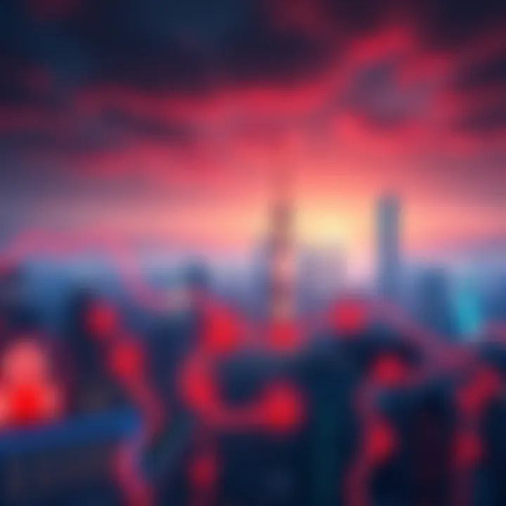 A futuristic city skyline with data streams and AI symbols, representing China's goals for AI computing expansion by 2030.