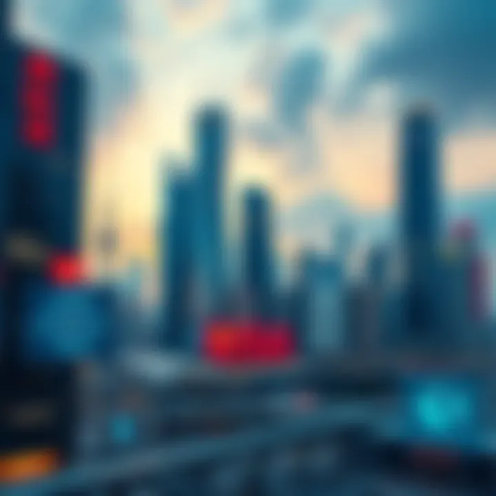 A city skyline with modern buildings representing China's advancements in artificial intelligence, with images of robots and technology icons overlaying the scene.