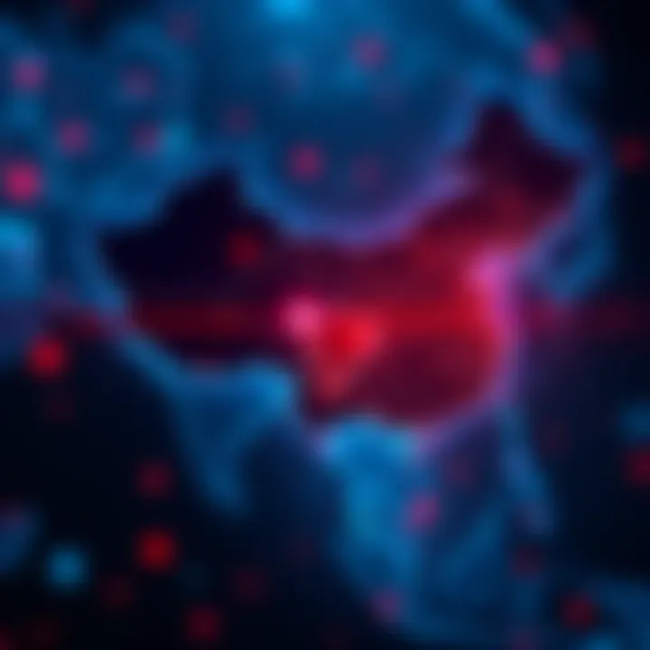 Map of China showing a broken connection to the global internet with digital symbols