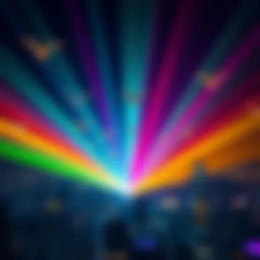 A vibrant display of drones forming colorful patterns in the night sky over a city skyline.