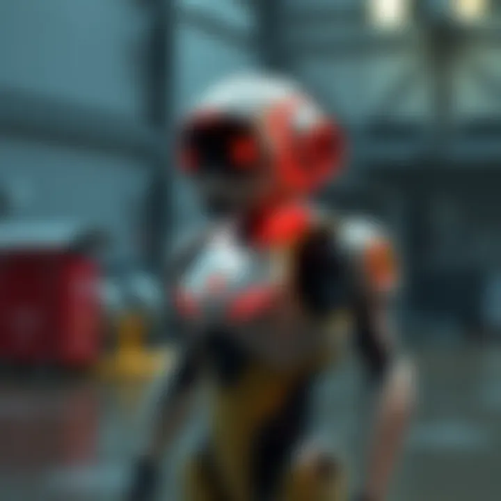 A humanoid robot designed to resist dust, rain, and heat, standing in a testing environment.