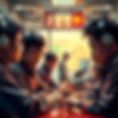 A group of tech workers in China discussing layoffs, with a backdrop of an office showing AI technology.