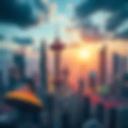 A futuristic city skyline showcasing advanced transportation and renewable energy sources, representing China's tech advancements.