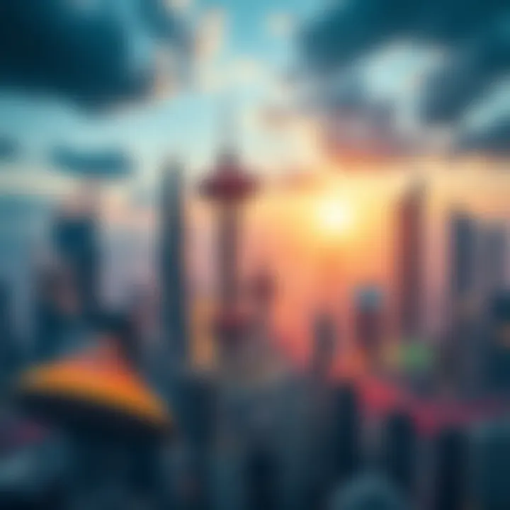 A futuristic city skyline showcasing advanced transportation and renewable energy sources, representing China's tech advancements.