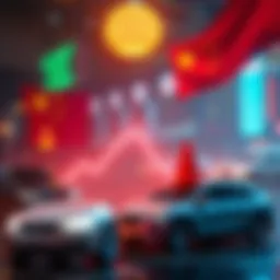 A graphic showing a downward trend in the US economy with symbols of AI and electric vehicles surrounding it, emphasizing China's influence.