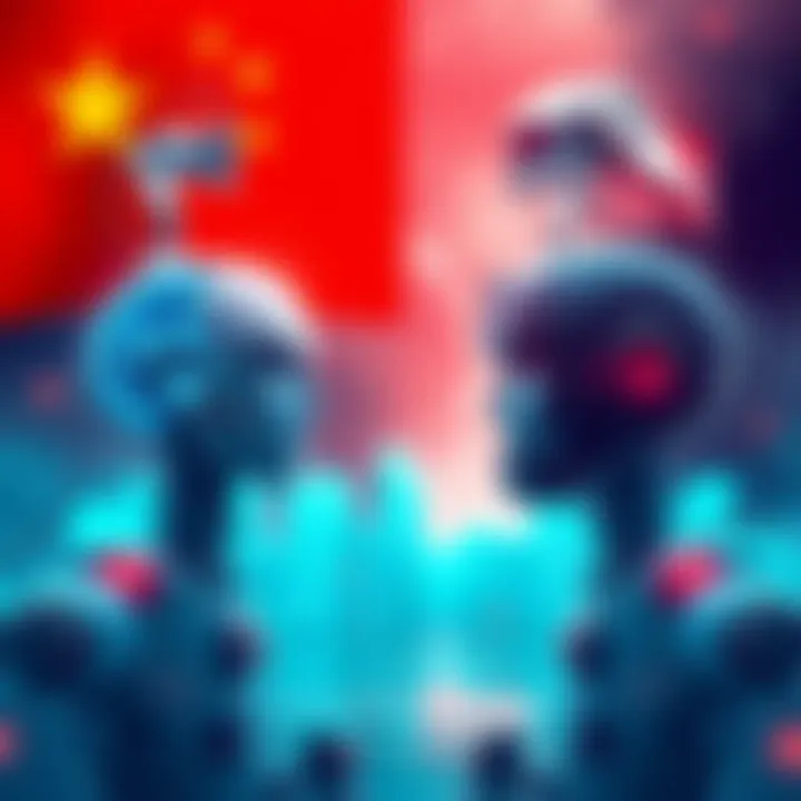 Illustration showing contrasting views on A.I. between Chinese officials and Western critics, with symbols representing optimism and concern.