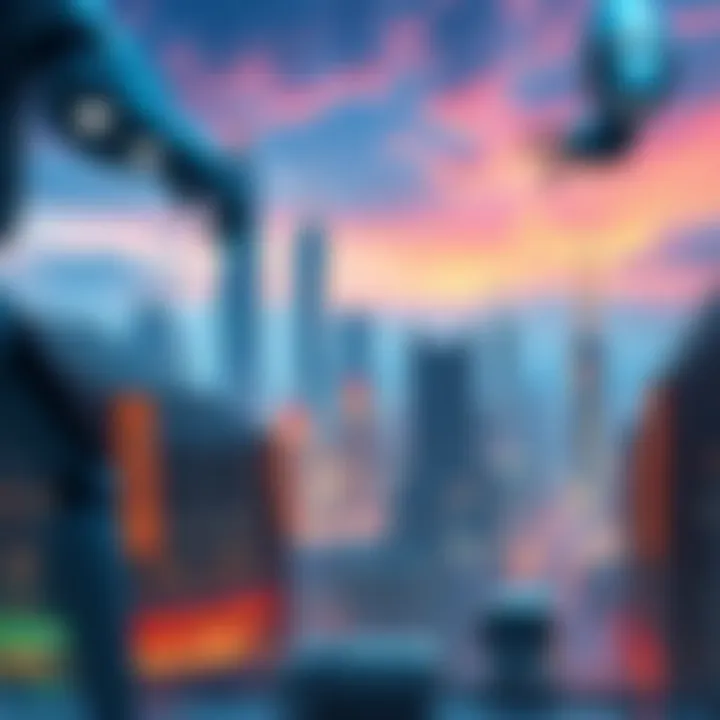 An overview of AI technology development in China, showcasing a futuristic city skyline and advanced robots in a vibrant urban setting.