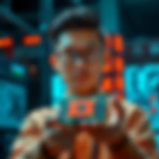 A Chinese startup engineer showcasing a new TPU chip, designed to outperform Nvidia's A100 GPU, highlighting speed and efficiency features.