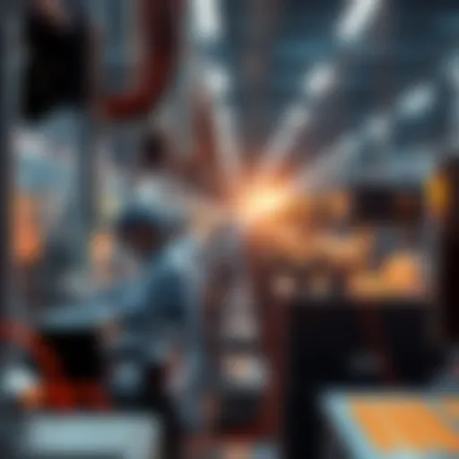 A factory scene showing workers assembling semiconductor chips with high-tech equipment. Workers appear focused while handling advanced machinery, indicating production in a busy environment.