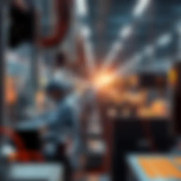 A factory scene showing workers assembling semiconductor chips with high-tech equipment. Workers appear focused while handling advanced machinery, indicating production in a busy environment.