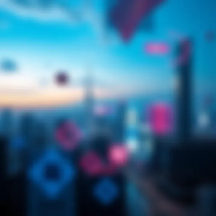 A modern Chinese city skyline featuring digital A.I. graphics and symbols, showcasing technology's influence.