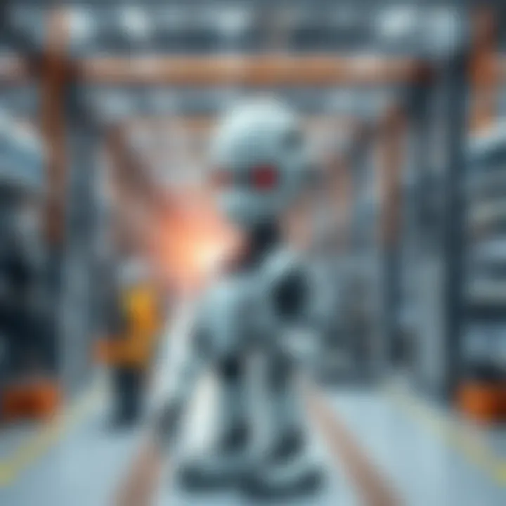 A Chinese humanoid robot standing in a high-tech factory with workers and machinery around it, showcasing advancements in robotics.