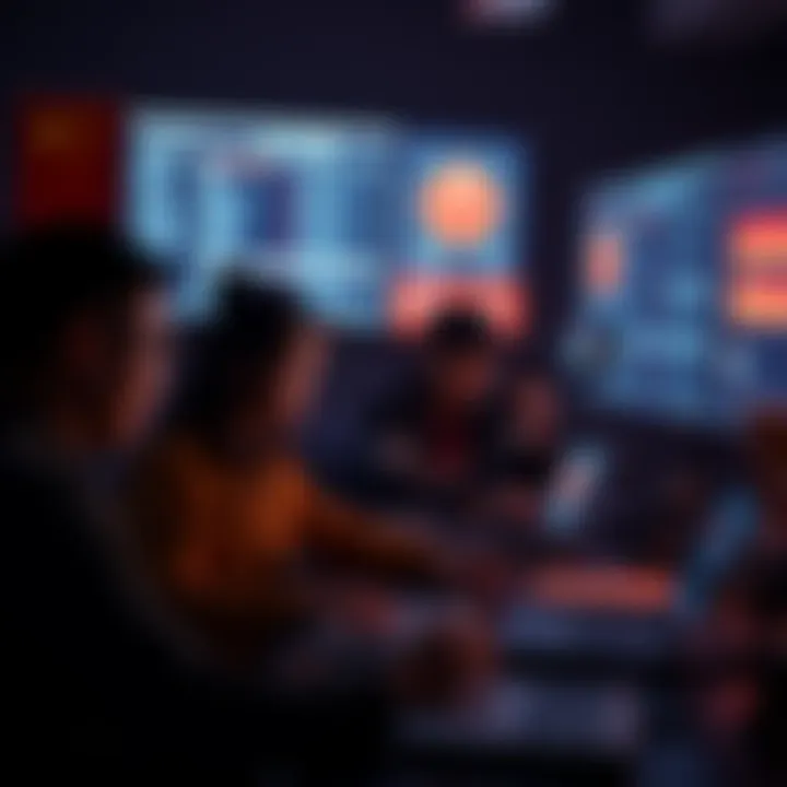 A group of people discussing AI technology in a dark room, plotting surveillance plans with laptops and screens displaying data, symbolizing government monitoring efforts.