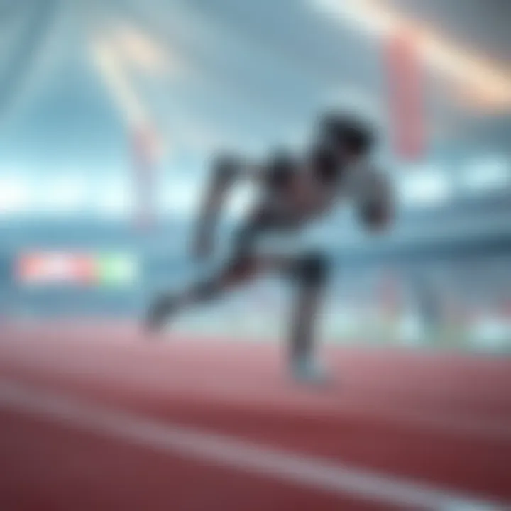 A Chinese robot competing in a 100m sprint, breaking the record previously held by Usain Bolt, showcasing advancements in technology.