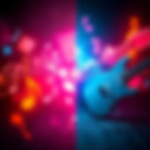 A split image showing chiptune music symbols on one side and rock music instruments on the other, symbolizing choices for game composers.