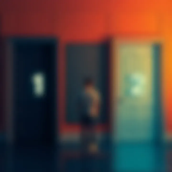 A person standing in front of two doors, contemplating a decision between them.