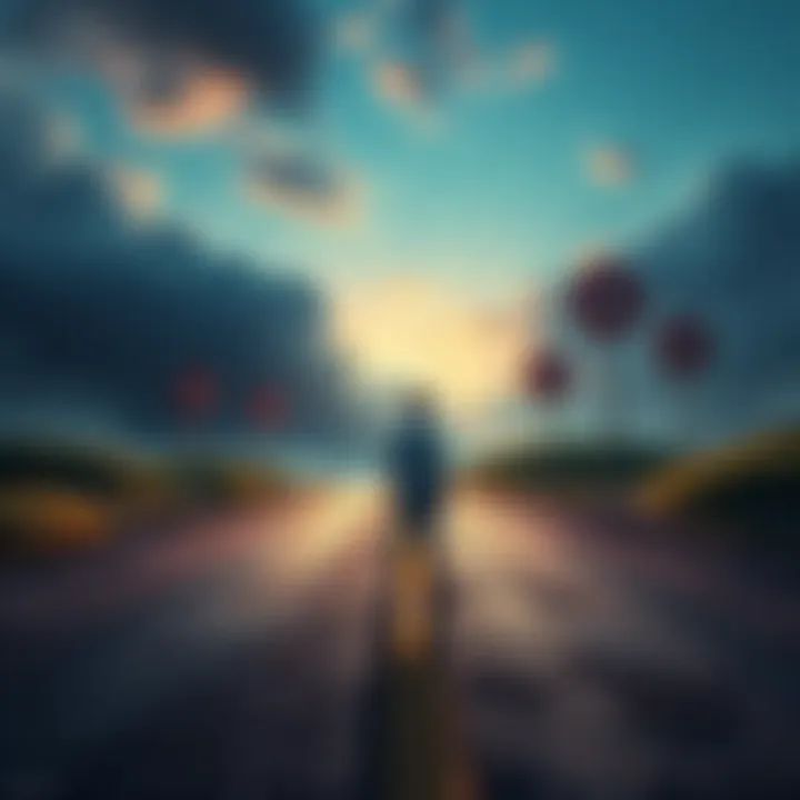 A person stands at a crossroads, pondering different paths representing choices with signs indicating future outcomes.