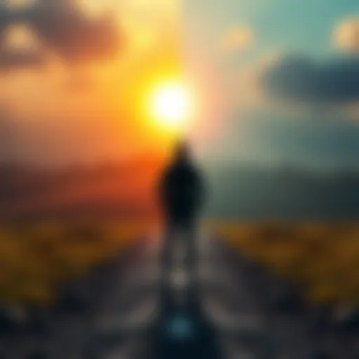 A person standing at a crossroads, looking conflicted about which path to take. One path leads to a sunny landscape, while the other leads to a shadowy forest.