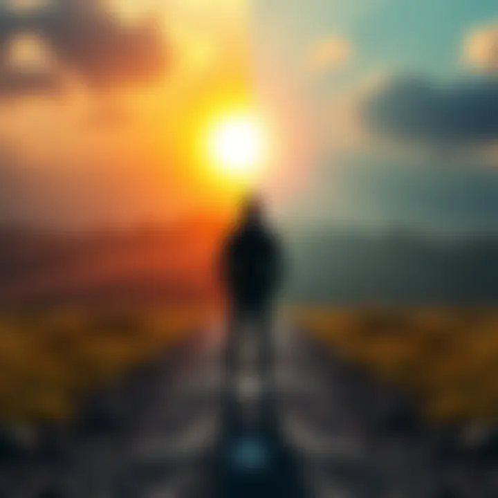 A person standing at a crossroads, looking conflicted about which path to take. One path leads to a sunny landscape, while the other leads to a shadowy forest.
