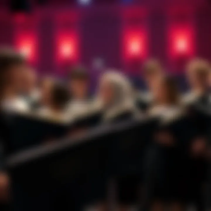 A group of singers in a choir performing on stage with sheet music in front of them, focusing on their vocal harmonies.