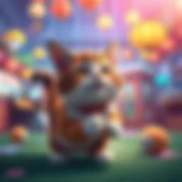 A cute chonky cat playing in a colorful and lively environment of the game