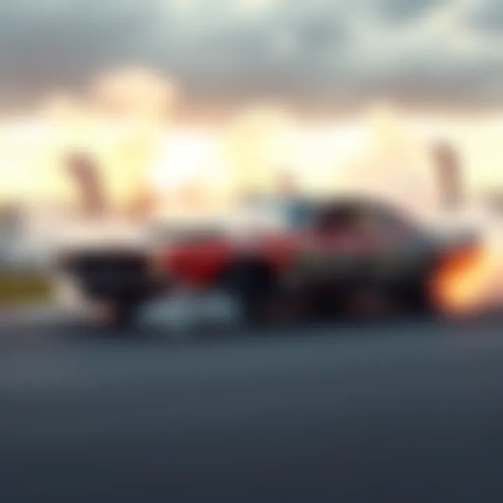 A modified car performing a drift on a racetrack with smoke and excitement