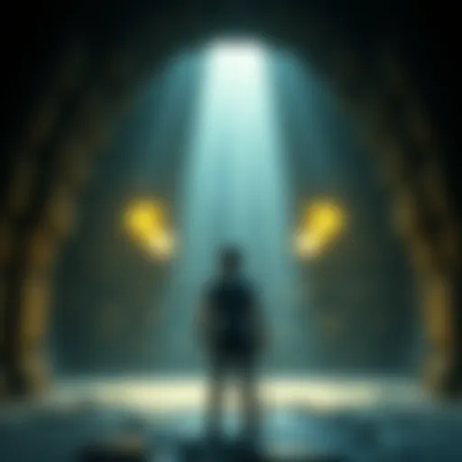 A player stands at a cave wall with directional marks, deciding between left and right paths in Project Utgardr.